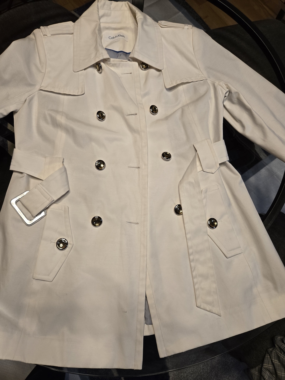 Calvin Klein Cream Double-Breasted Trench Coat with Belt
